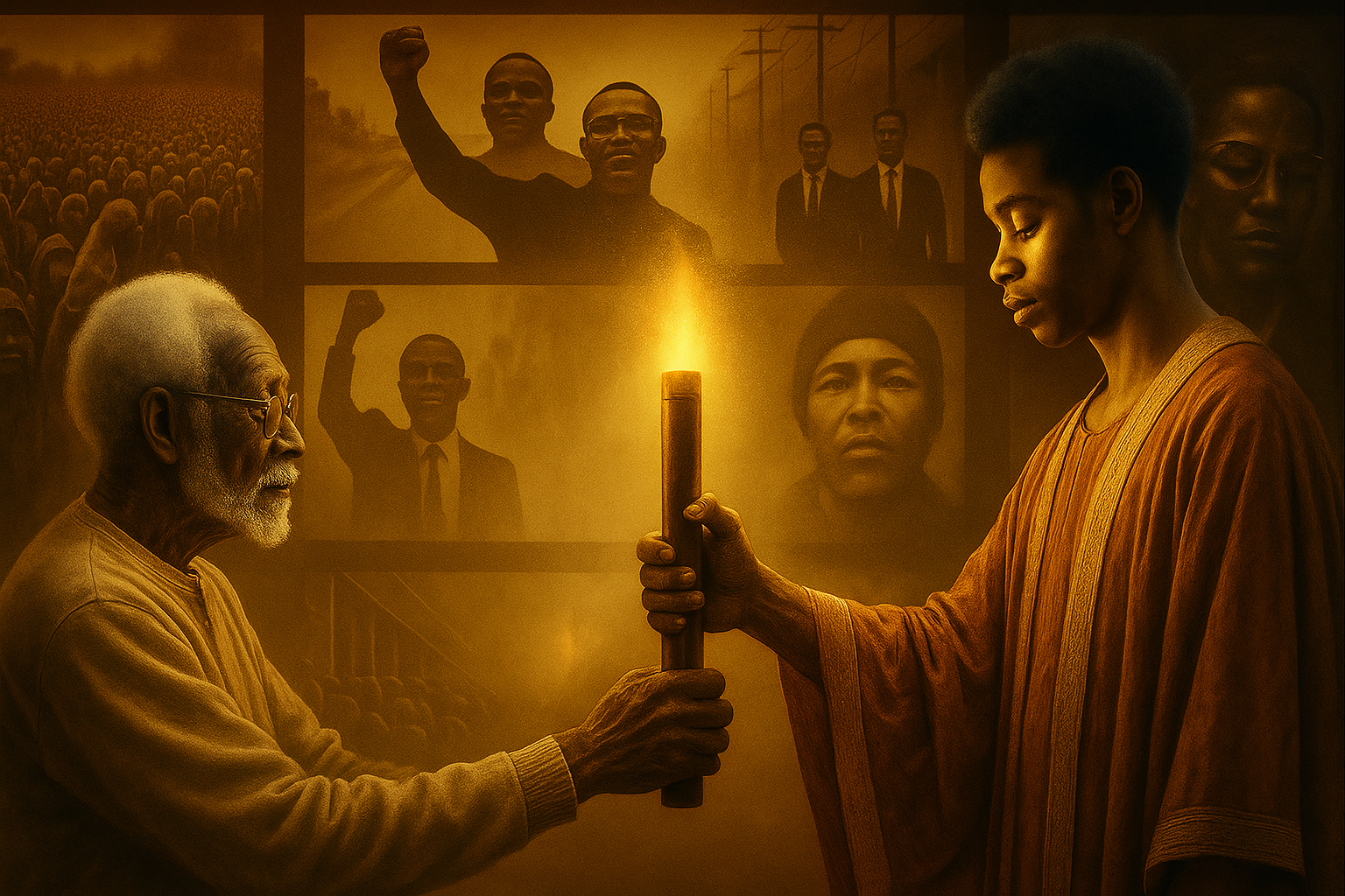 Elder passing torch to young person with historical civil rights background